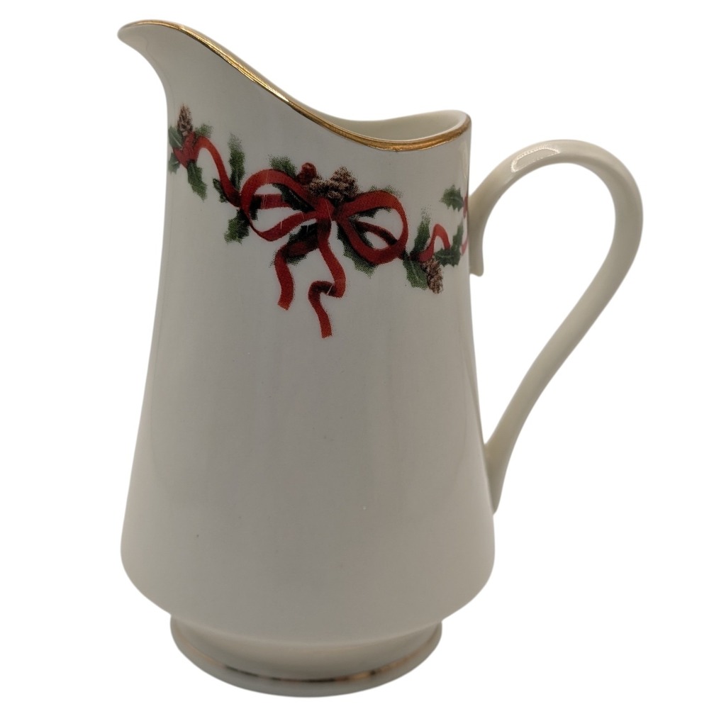 Vintage Retroneu Creamer Holiday Ribbons Red‎ and Green Gold Trim Footed 1990s